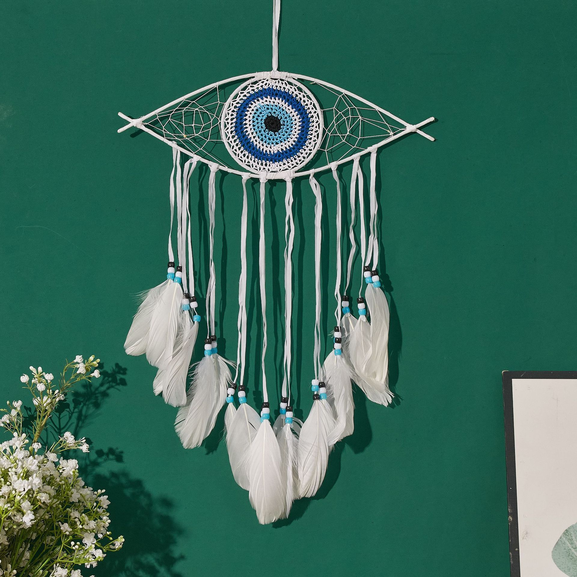 Nordic Macrame Evil Eye Boho White Blue Feather Dream Catcher Wall Hanging For Bedroom Home Decor