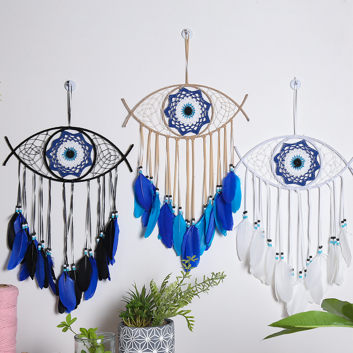 Wholesale Handmade Bohemian White Blue Feather Evil Eye Dream Catcher Craft Ornament Home Wall Hanging Decor