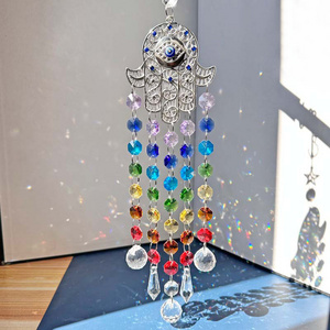 Colorful Faceted Crystal Blue Evil Eye Hamsa Hand Hanging Chandelier Prism Sun Catcher Rainbow Maker Wall Hanging Decor