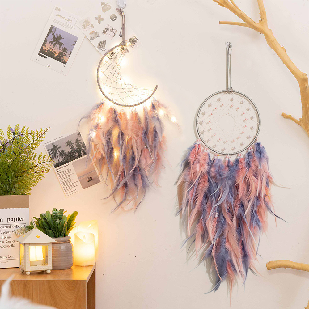 Boho Chic Kids Wall Hanging Handmade Pink Feather Dream Catchers Half Moon Accessories Home Decor Room Decor For Girls