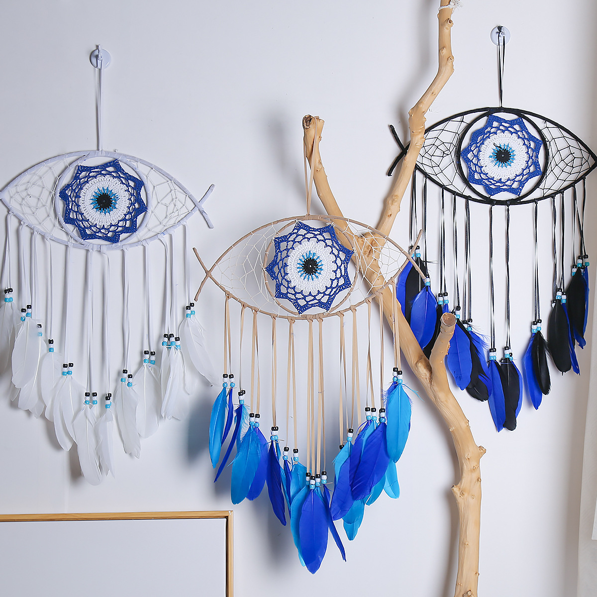 Wholesale Handmade Bohemian White Blue Feather Evil Eye Dream Catcher Craft Ornament Home Wall Hanging Decor