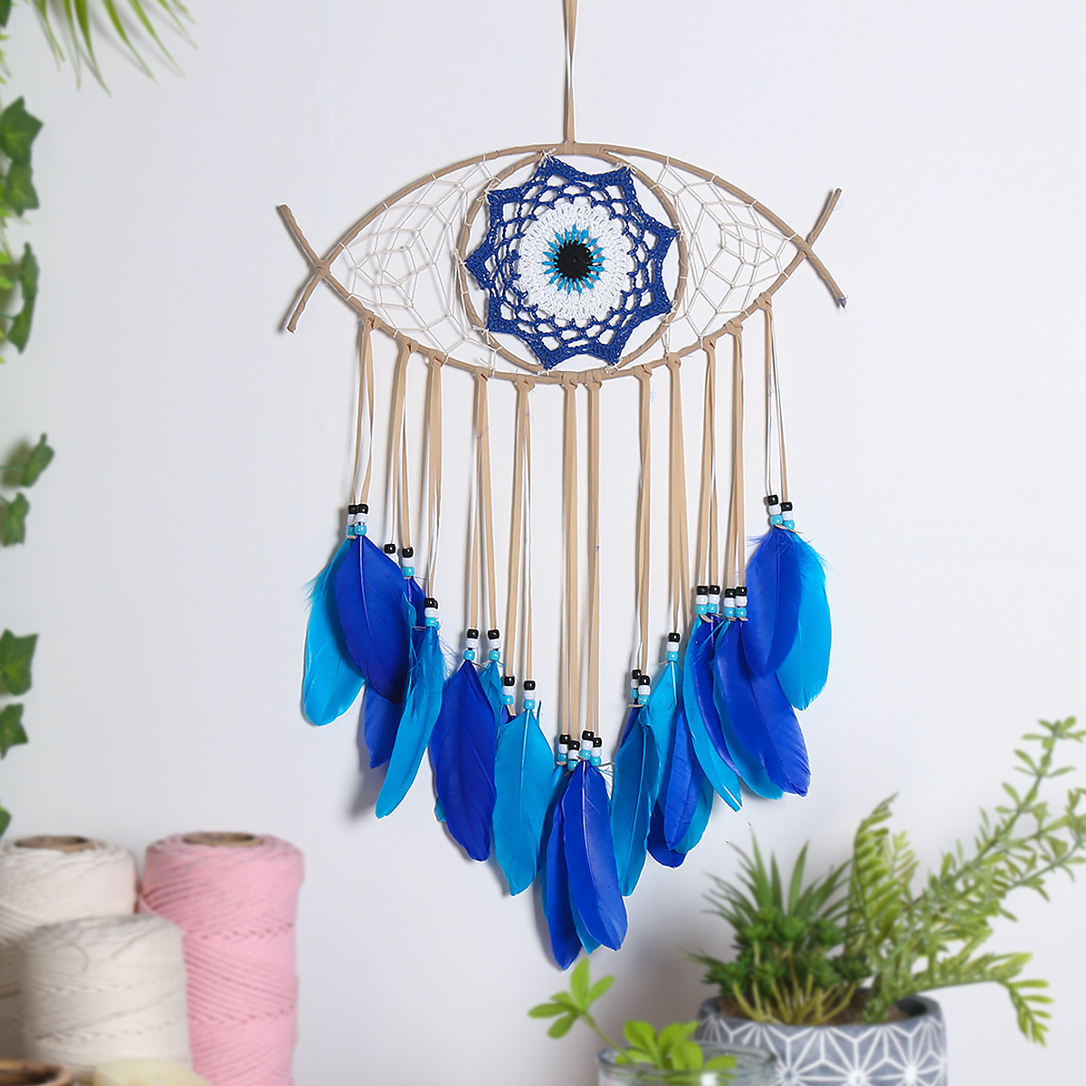 Wholesale Handmade Bohemian White Blue Feather Evil Eye Dream Catcher Craft Ornament Home Wall Hanging Decor