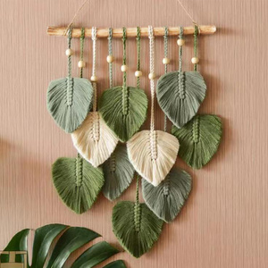 Boho Crochet Home Decor Handmade Cotton Macrame Green Leaf Wall Hanging Tapestry Large For Bedroom Living Room