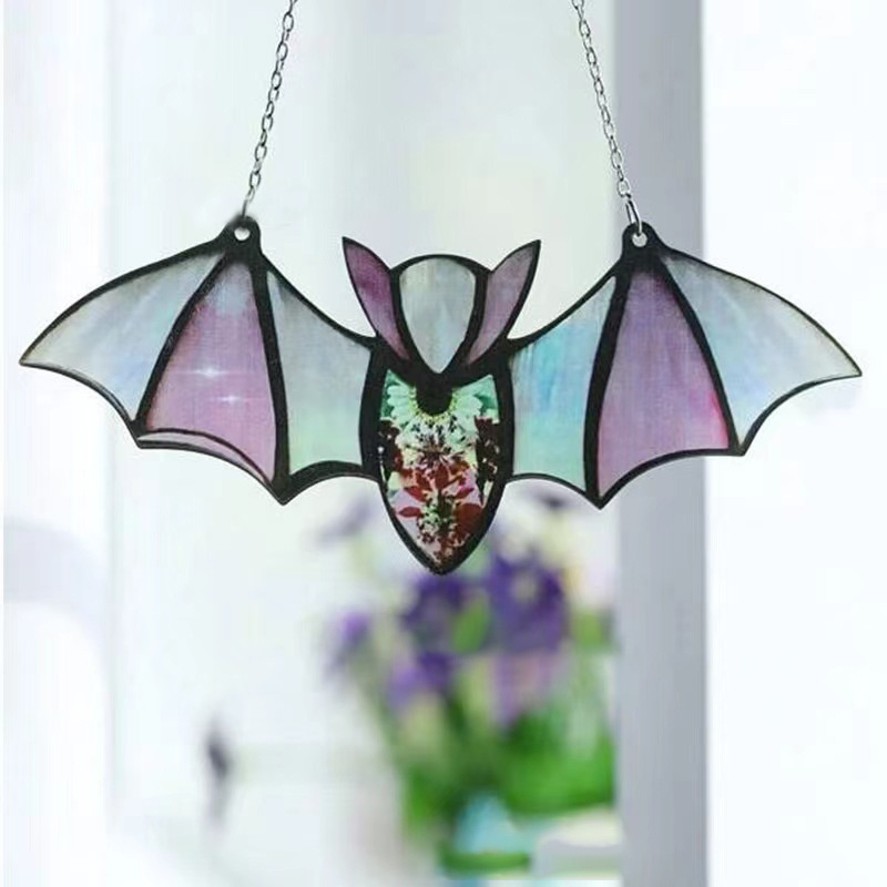 Wall Art Halloween Bat Stained Glass Window Sun Catcher Window Hanging For Home Living Room Bedroom