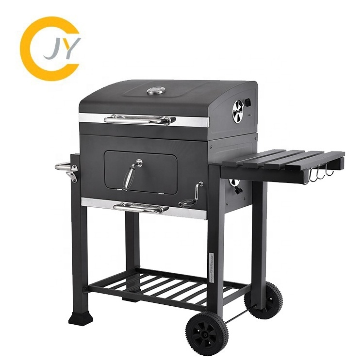 Outdoor manufacturer garden used portable trolley square smoker charcoal barbecue grill with adjustable charcoal pan