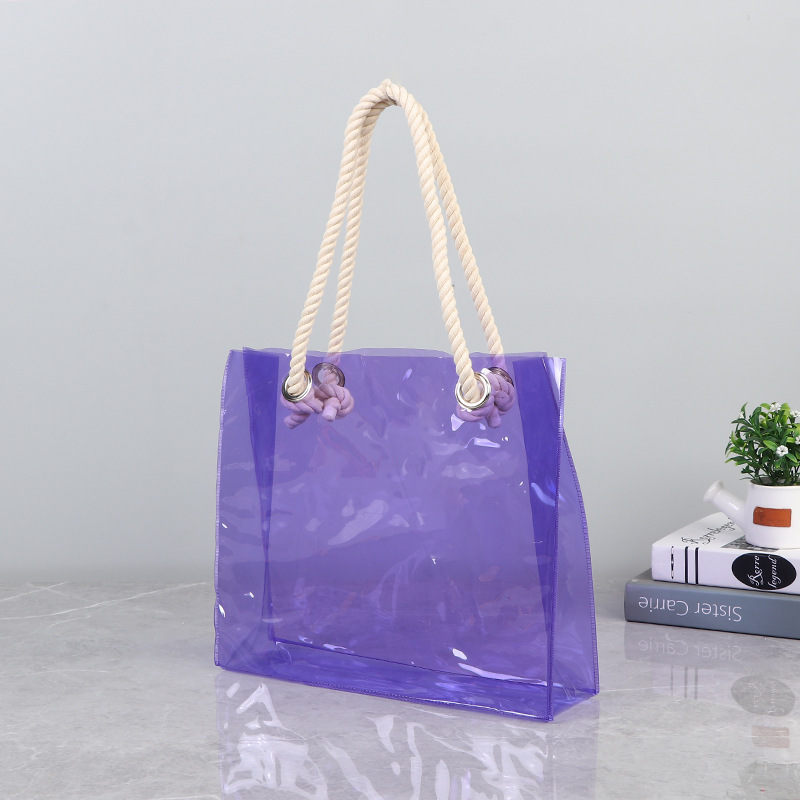 Customized Waterproof Transparent Beach Jelly Tote Shopping Bags Plastic Clear Pvc Tote Bag with Cotton Rope Handle for Gift