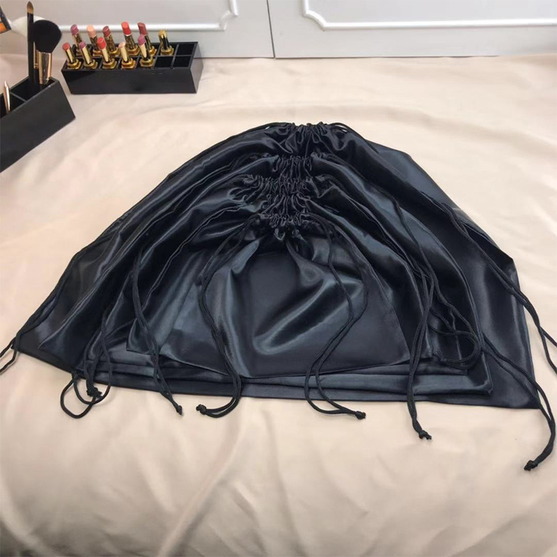 High Quality Luxury Custom Logo Large Black Silk Satin Pouch Bag Drawstring Dust Bag for Handbags for Wig Bags Hair Packaging