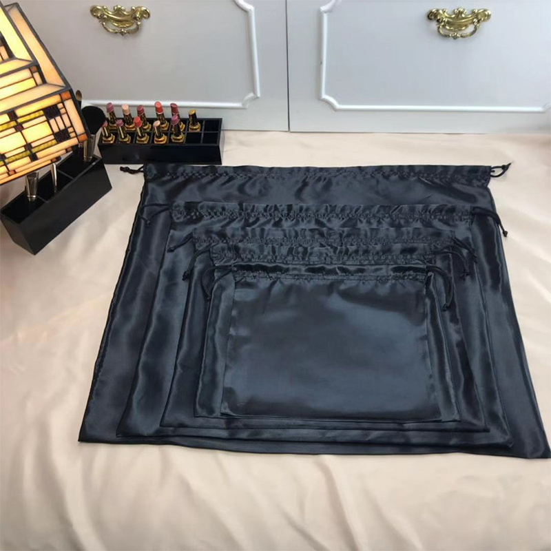 High Quality Luxury Custom Logo Large Black Silk Satin Pouch Bag Drawstring Dust Bag for Handbags for Wig Bags Hair Packaging