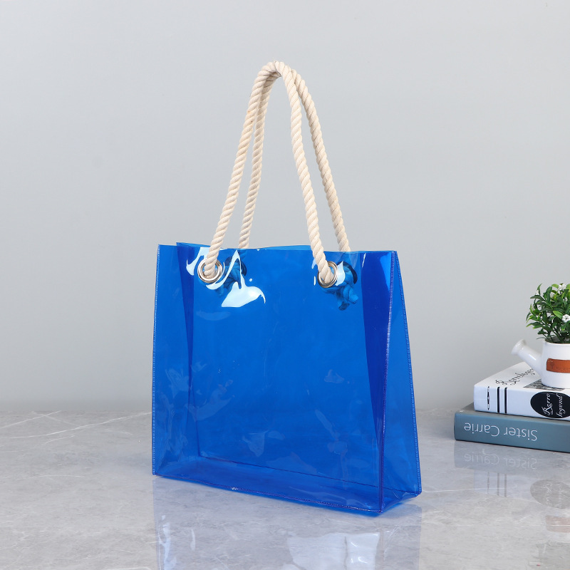 Customized Waterproof Transparent Beach Jelly Tote Shopping Bags Plastic Clear Pvc Tote Bag with Cotton Rope Handle for Gift