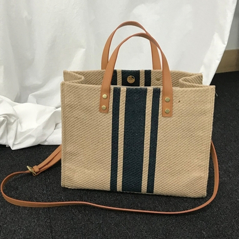 New Fashion Custom Logo Stripe Large Women Hemp Shoulder Burlap Jute Tote Bag with Leather Strap