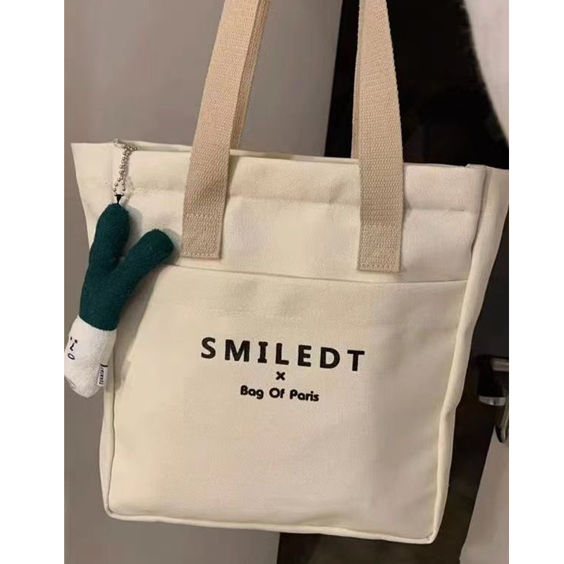 New Style Fashion Custom Letter Canvas Bags Women Shoulder Cotton Canvas Tote Bag with Pocket for Class and Work