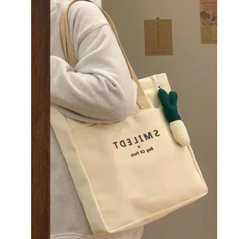 New Style Fashion Custom Letter Canvas Bags Women Shoulder Cotton Canvas Tote Bag with Pocket for Class and Work