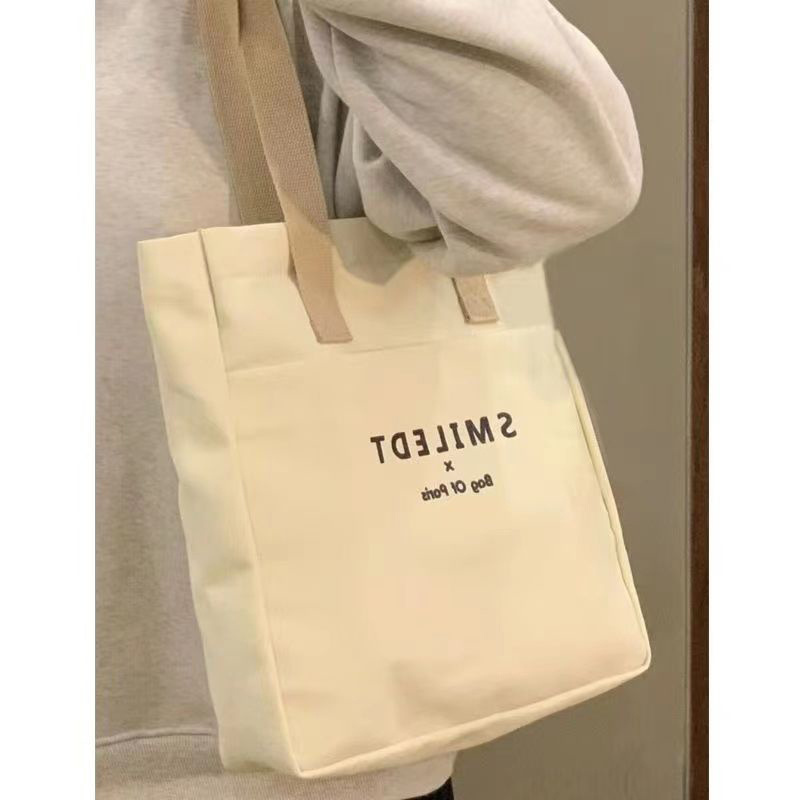 New Style Fashion Custom Letter Canvas Bags Women Shoulder Cotton Canvas Tote Bag with Pocket for Class and Work