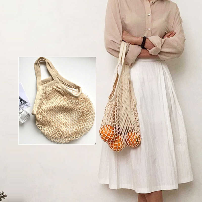 Custom Eco Reusable Grocery Shopping String Net Tote Bag Organic Cotton Mesh Bags with Drawstring for Fruit and Vegetables