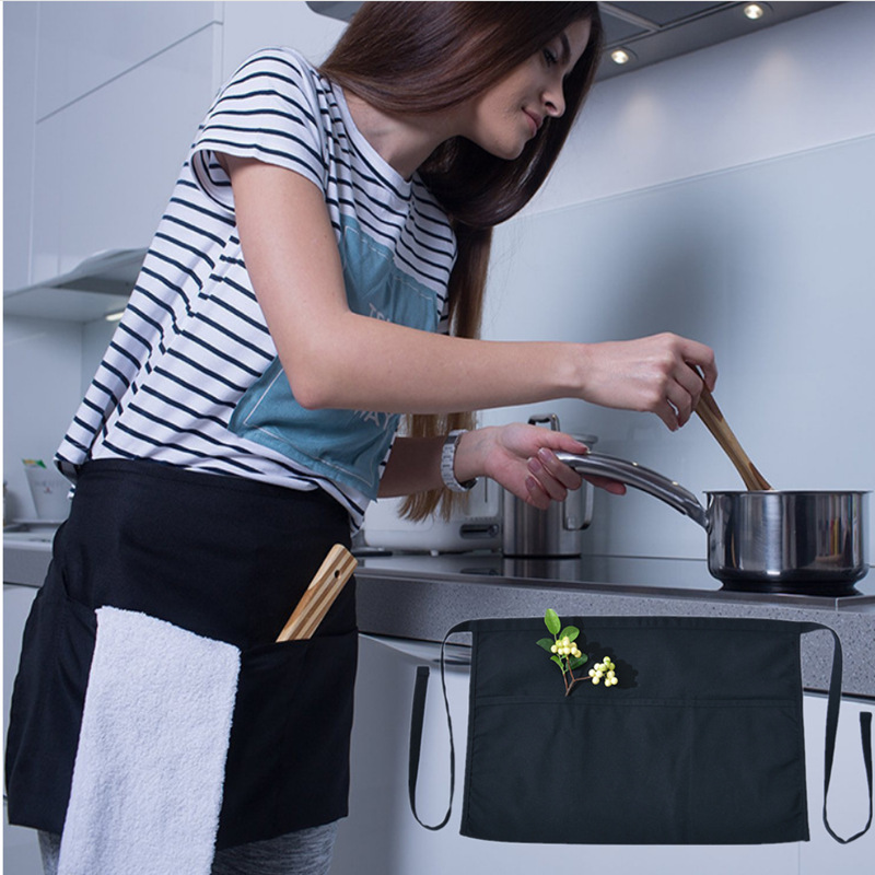 3 Pocket 2 Pocket Custom Black Cotton Polyester Short Waitress Half Server Waiter Apron Waist for Kitchen Coffee Bar