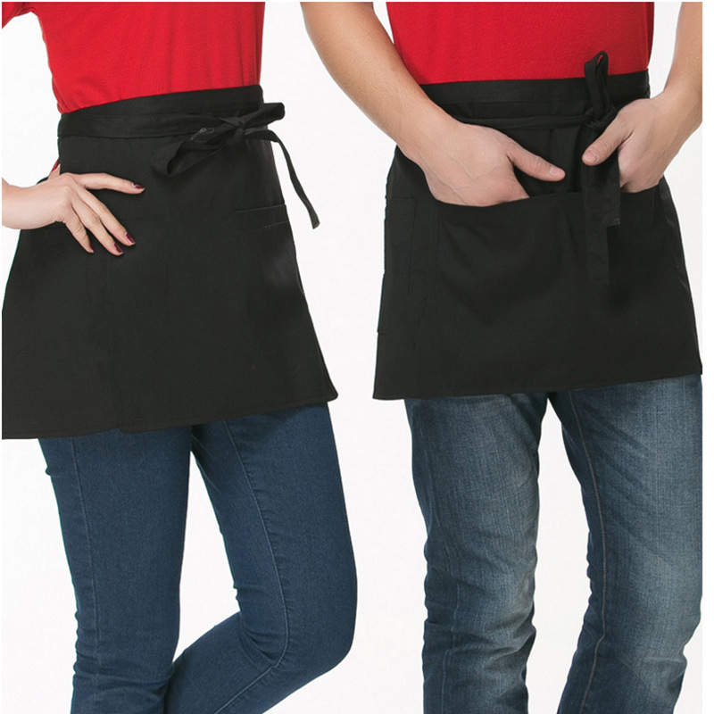 3 Pocket 2 Pocket Custom Black Cotton Polyester Short Waitress Half Server Waiter Apron Waist for Kitchen Coffee Bar