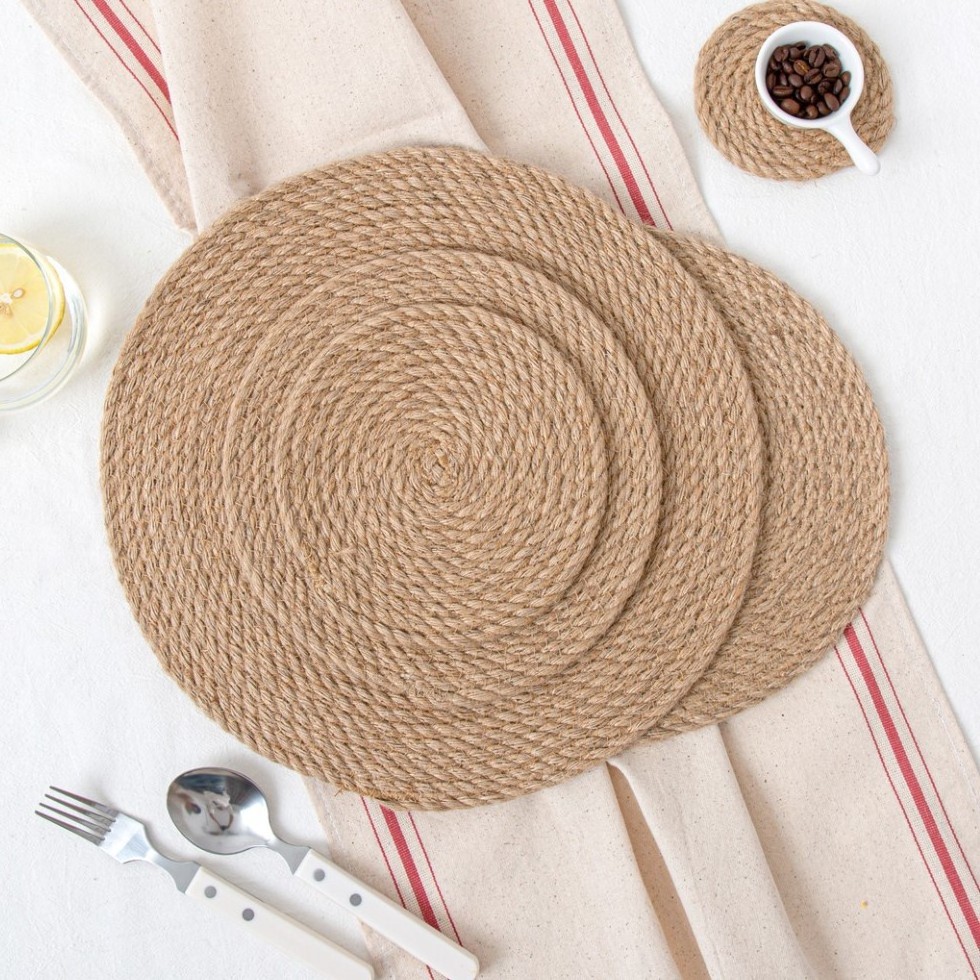 Natural Woven Jute Linen Placemats Heat Resistant Cotton Rope Braided Round Placemats Table Place Mats for Dining Dishes Pans