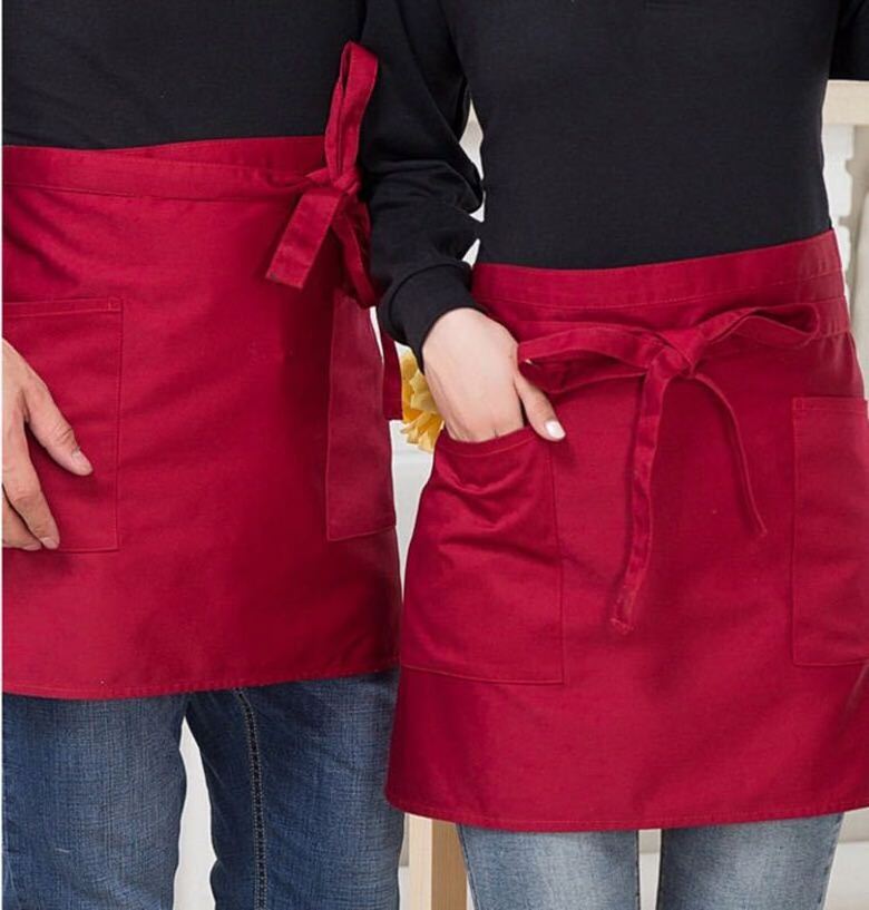 3 Pocket 2 Pocket Custom Black Cotton Polyester Short Waitress Half Server Waiter Apron Waist for Kitchen Coffee Bar