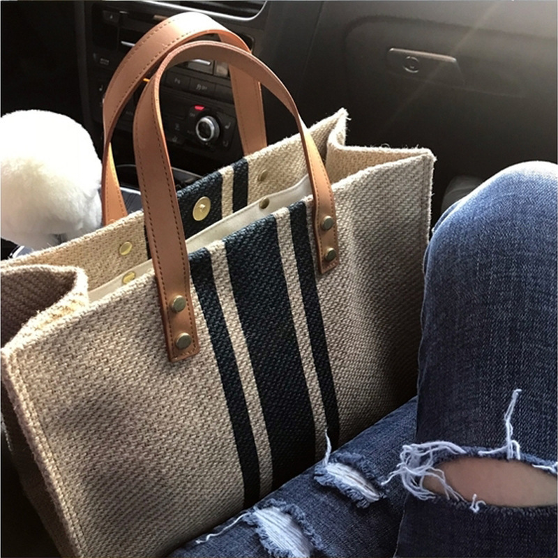 New Fashion Custom Logo Stripe Large Women Hemp Shoulder Burlap Jute Tote Bag with Leather Strap