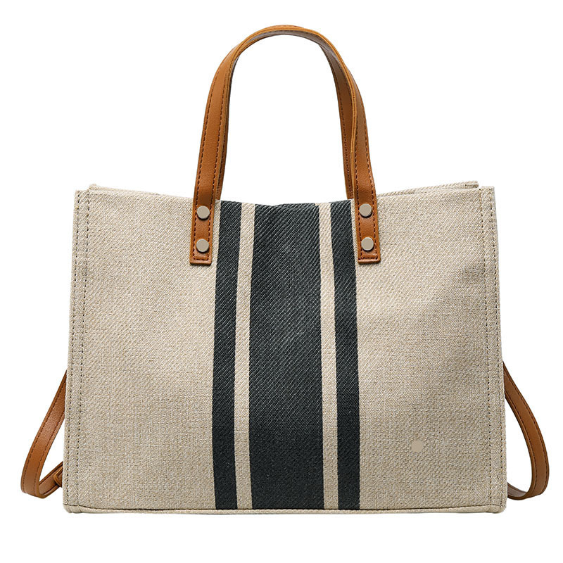 New Fashion Custom Logo Stripe Large Women Hemp Shoulder Burlap Jute Tote Bag with Leather Strap