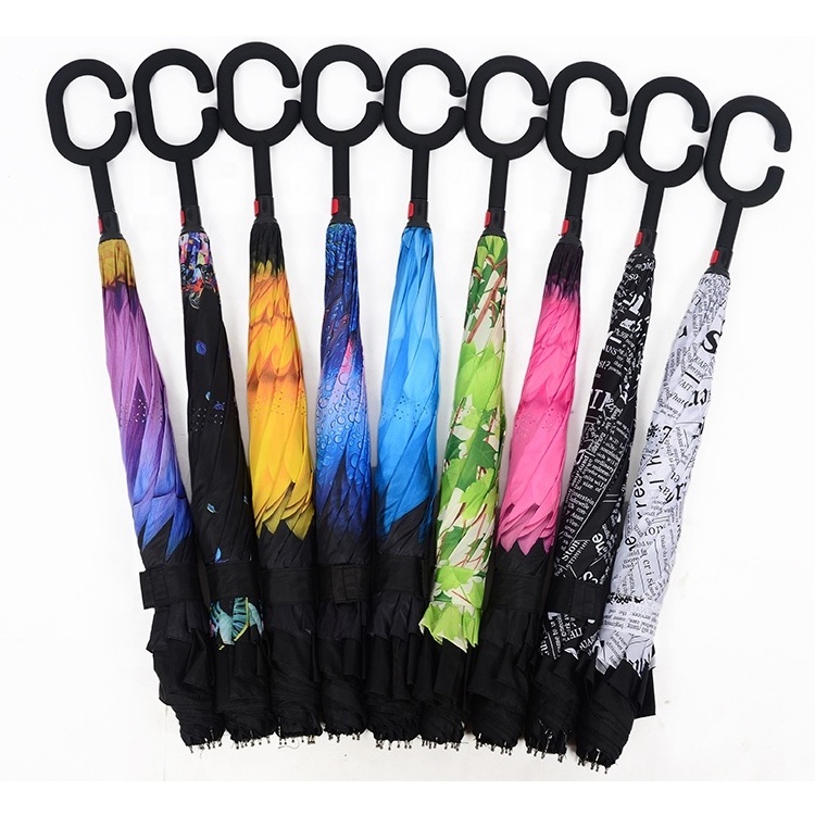 Wholesale Foldable C Handle Fancy Custom Printed Reverse Folding Umbrella