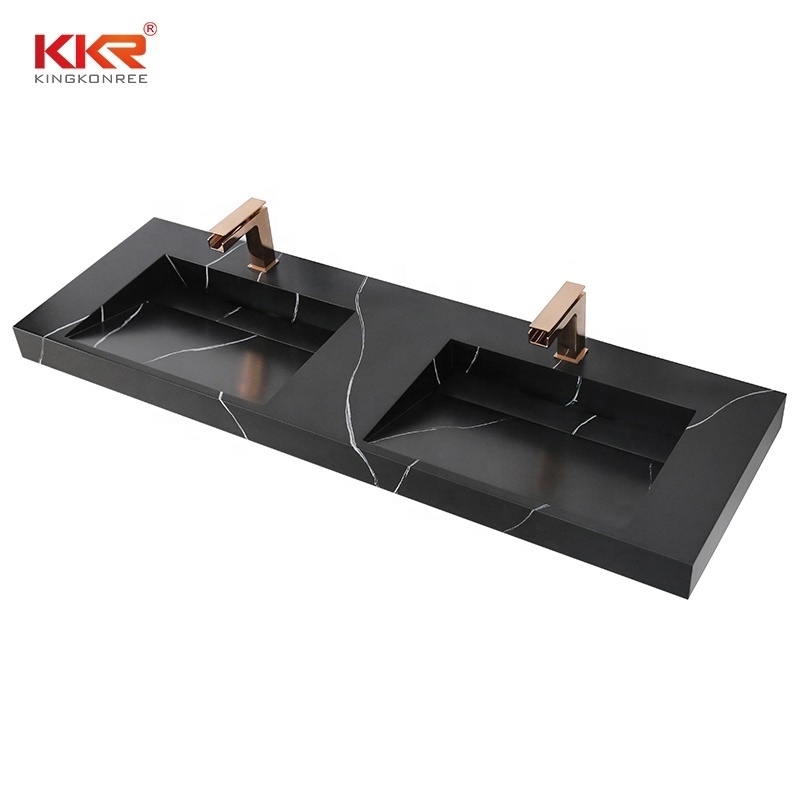 KKR Customize Solid Surface Artificial Stone Bathroom Luxury Black Glossy Hand Wash Marble Sink