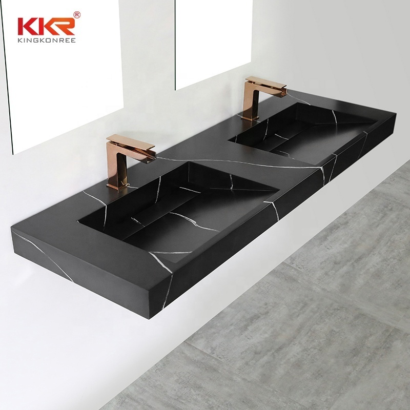 KKR Customize Solid Surface Artificial Stone Bathroom Luxury Black Glossy Hand Wash Marble Sink