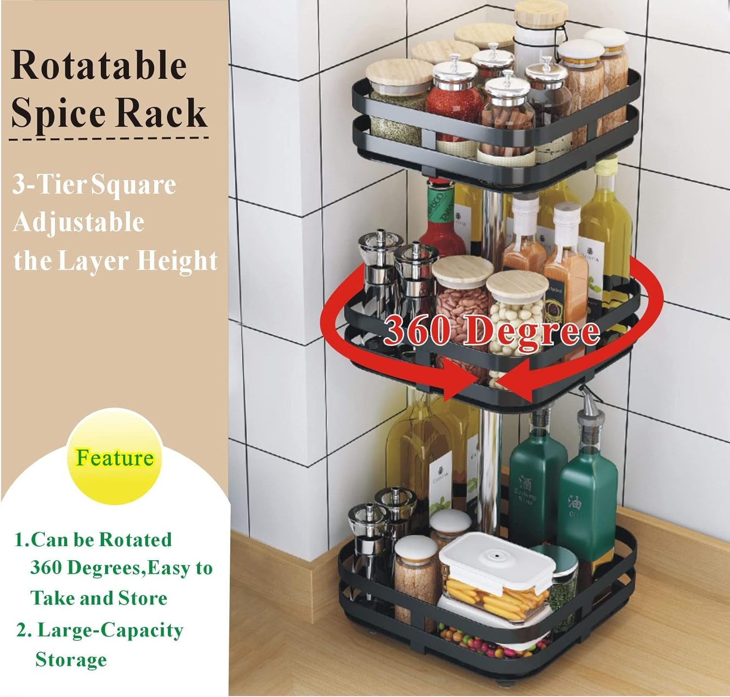 1/2/3 Tier Lazy Susan Organizer Adjustable Turntable Spice Rack Multi-layer Rotating Spice Rack Spice Spinner for Cabinet