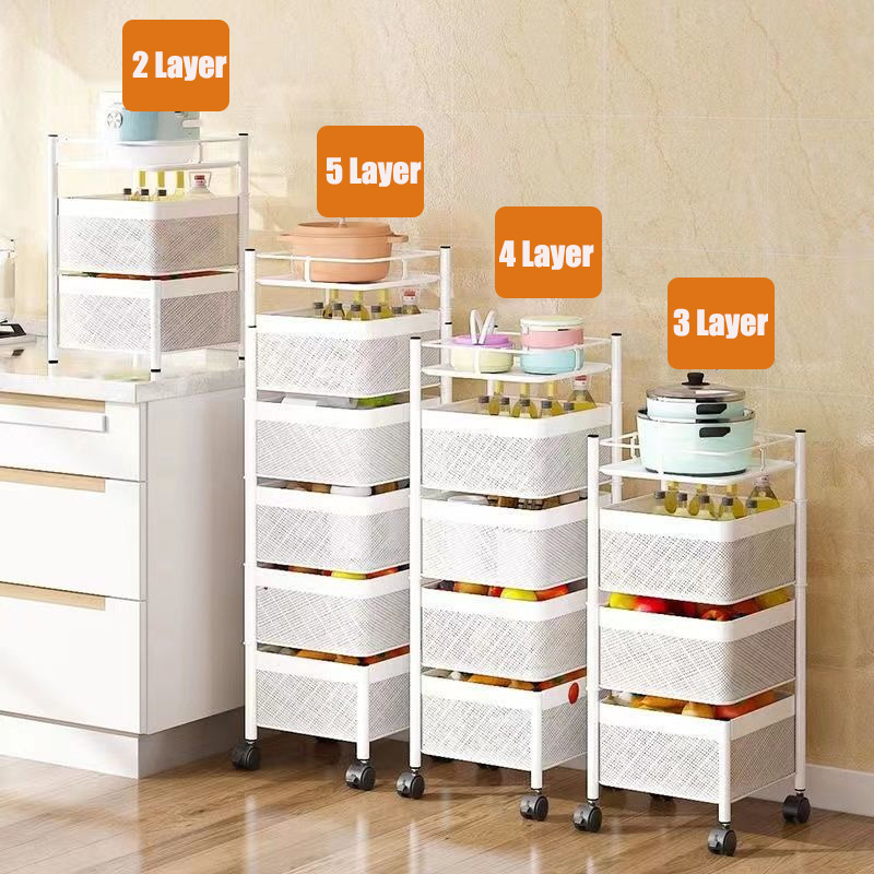 AMZ hot selling Rotating Kitchen Storage Rack  3/4/5-Tier Metal Storage Tower Basket Shelves Organizer Viggie Fruit Cart