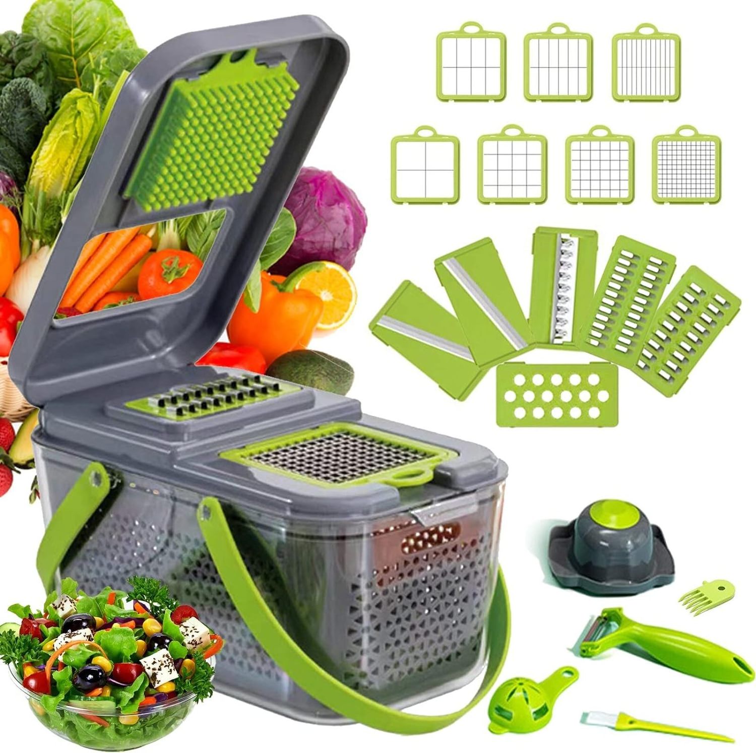 Upgraded 22 in 1 Vegetable Chopper  Mandoline Vegetable Slicer Dicer with 13 Stainless Steel Blades Food Salad Chopper