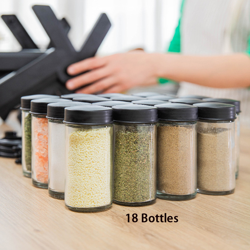 Kitchen Wheel Rotating Spice Rack Seasoning Rack with Bottles 18 Jars Glass Spice Rack Organizer