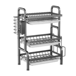 Wholesale 2/3 Tier Dish Drying Rack with tray  Utensil Holder Stainless Steel Large 2 Tier Dish Rack with Auto-draining Tray