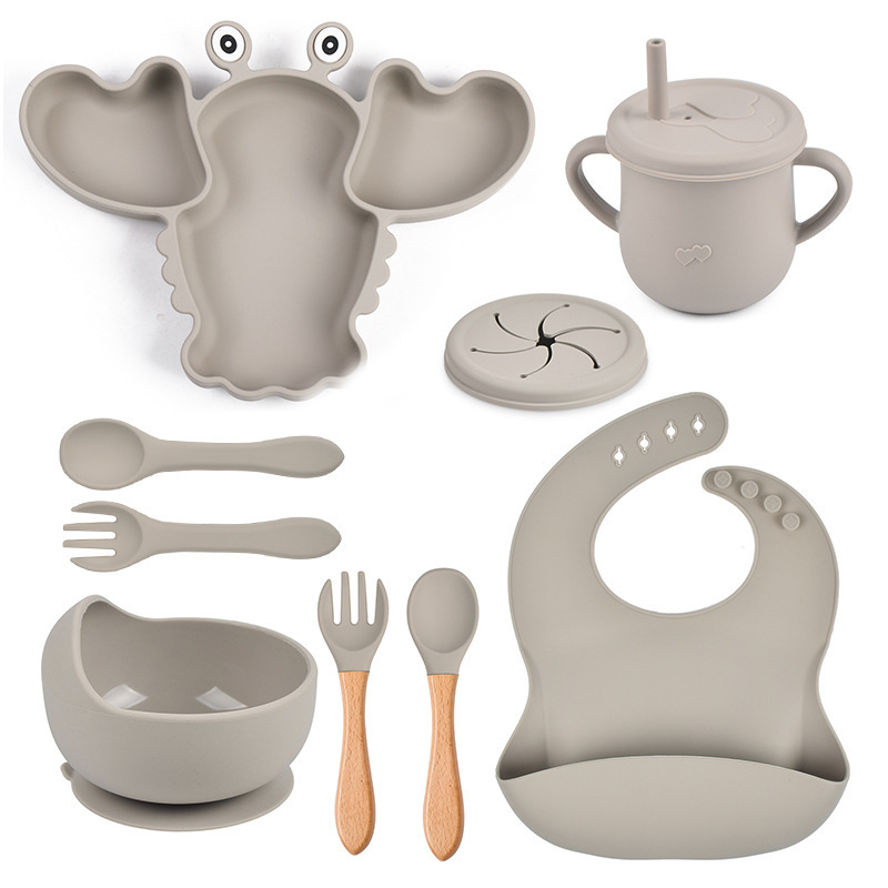 8-piece Lobster Elephant silicone baby feeding tableware set Silicone divided Plates with Suction Adjustable bib Straw sippy cup