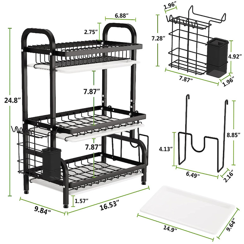 Wholesale 2/3 Tier Dish Drying Rack with tray  Utensil Holder Stainless Steel Large 2 Tier Dish Rack with Auto-draining Tray