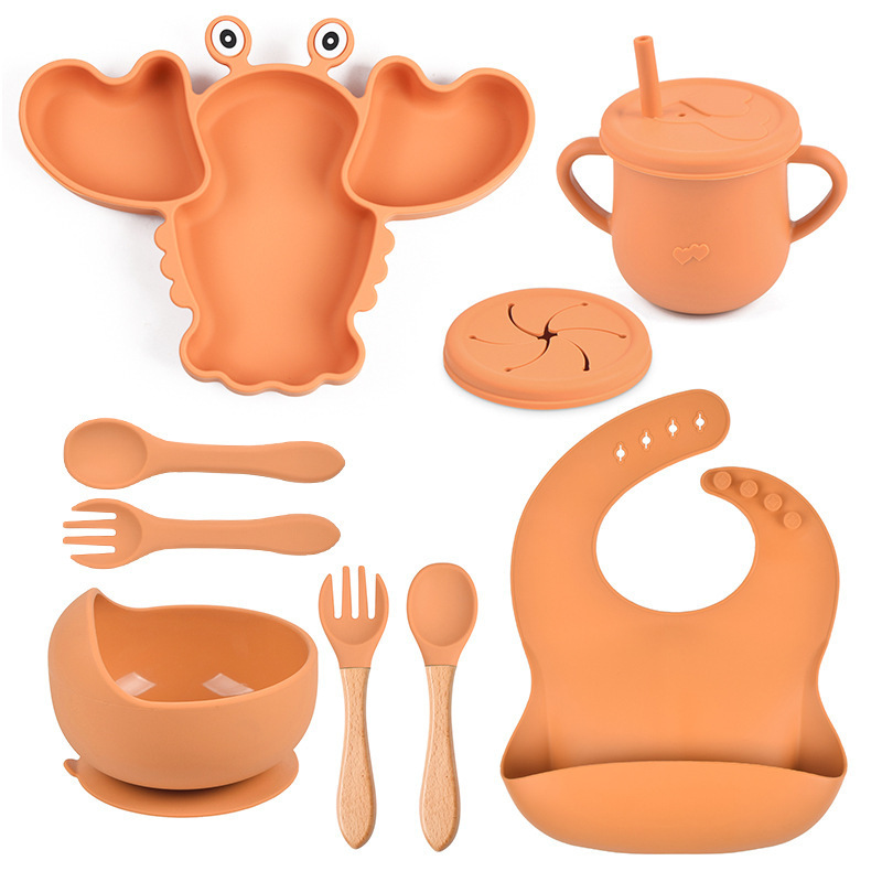 8-piece Lobster Elephant silicone baby feeding tableware set Silicone divided Plates with Suction Adjustable bib Straw sippy cup