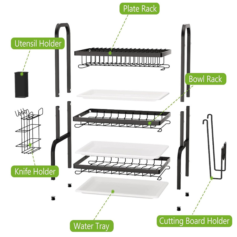 Wholesale 2/3 Tier Dish Drying Rack with tray  Utensil Holder Stainless Steel Large 2 Tier Dish Rack with Auto-draining Tray