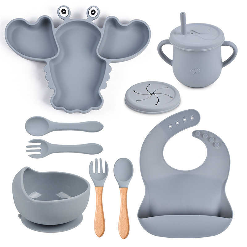 8-piece Lobster Elephant silicone baby feeding tableware set Silicone divided Plates with Suction Adjustable bib Straw sippy cup