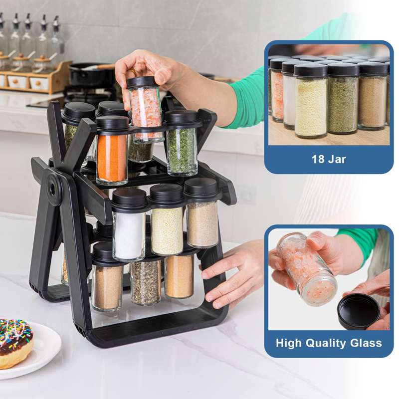 Kitchen Wheel Rotating Spice Rack Seasoning Rack with Bottles 18 Jars Glass Spice Rack Organizer