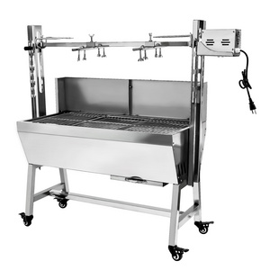 Grilling on charcoal BBQ Grill with Automatic Rotating Rotisserie Skewers charcoal tray adjustable