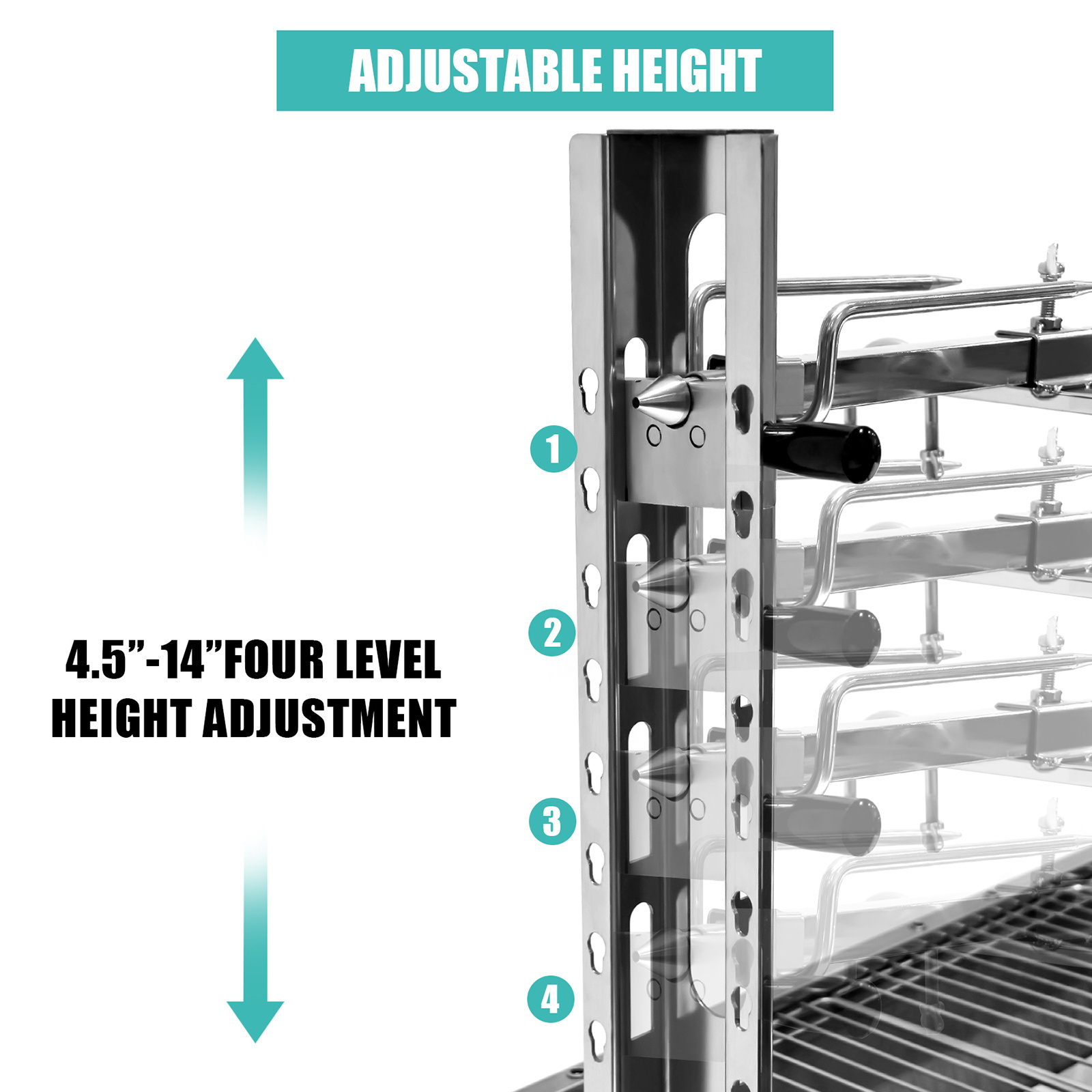 Grilling on charcoal BBQ Grill with Automatic Rotating Rotisserie Skewers charcoal tray adjustable