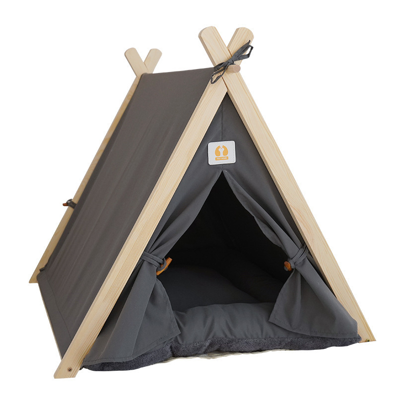 2023 Foldable Cotton Wood Linen Cave Bed Dog Cat Tipi House Pet bed With Removable Canopy Shade Tent