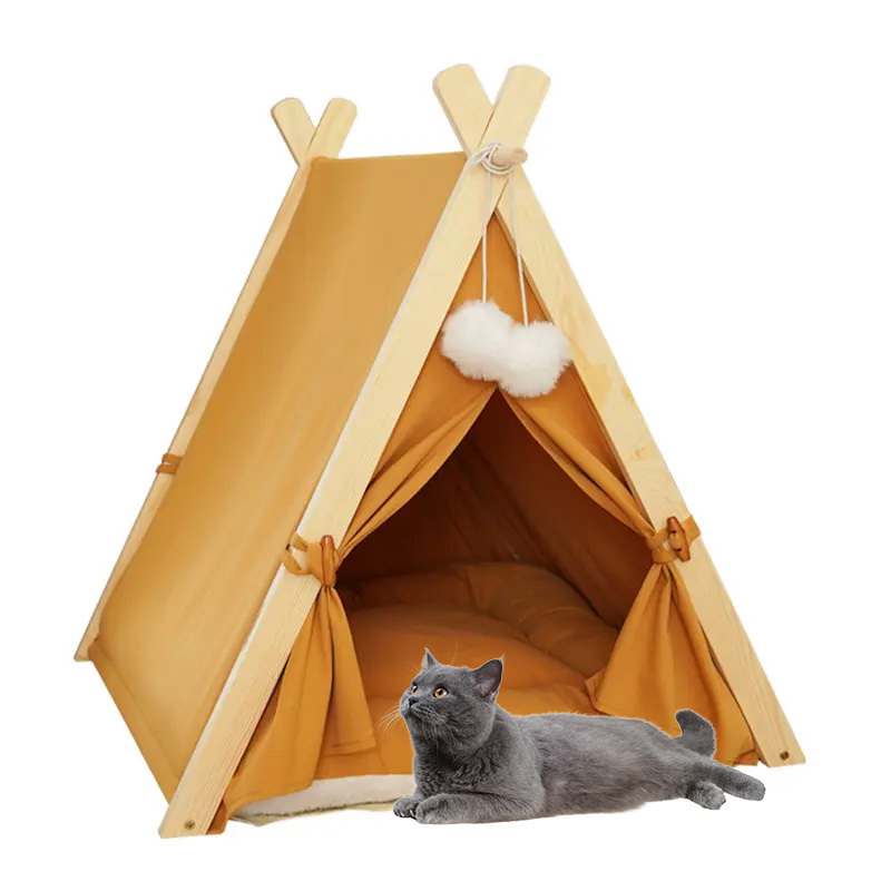 2023 Foldable Cotton Wood Linen Cave Bed Dog Cat Tipi House Pet bed With Removable Canopy Shade Tent