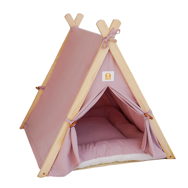 2023 Foldable Cotton Wood Linen Cave Bed Dog Cat Tipi House Pet bed With Removable Canopy Shade Tent