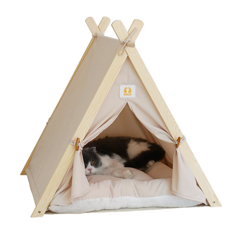 2023 Foldable Cotton Wood Linen Cave Bed Dog Cat Tipi House Pet bed With Removable Canopy Shade Tent