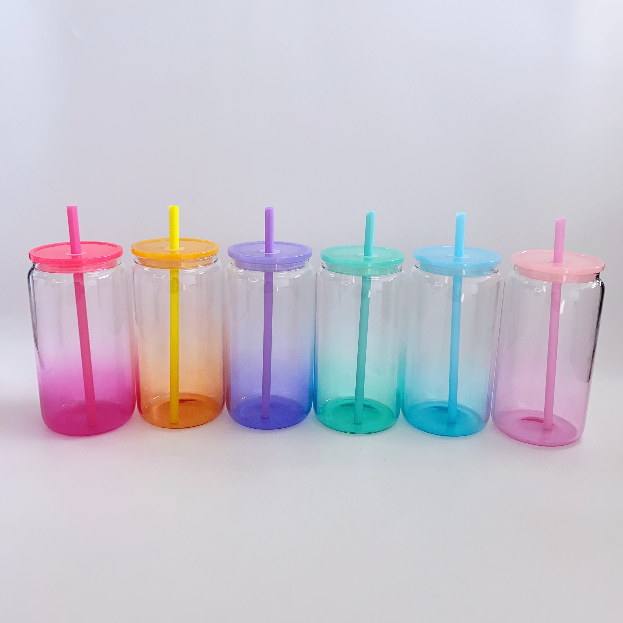 US warehouse 16oz blank sublimation ombre jelly glass can with PP plastic lid and straw Clear Ombre Colored high borosilicate