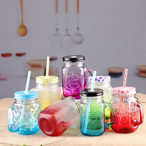 New style large capacity transparent 500ml frosted clear glass mason jar cup water bottle cup juice drink with handle