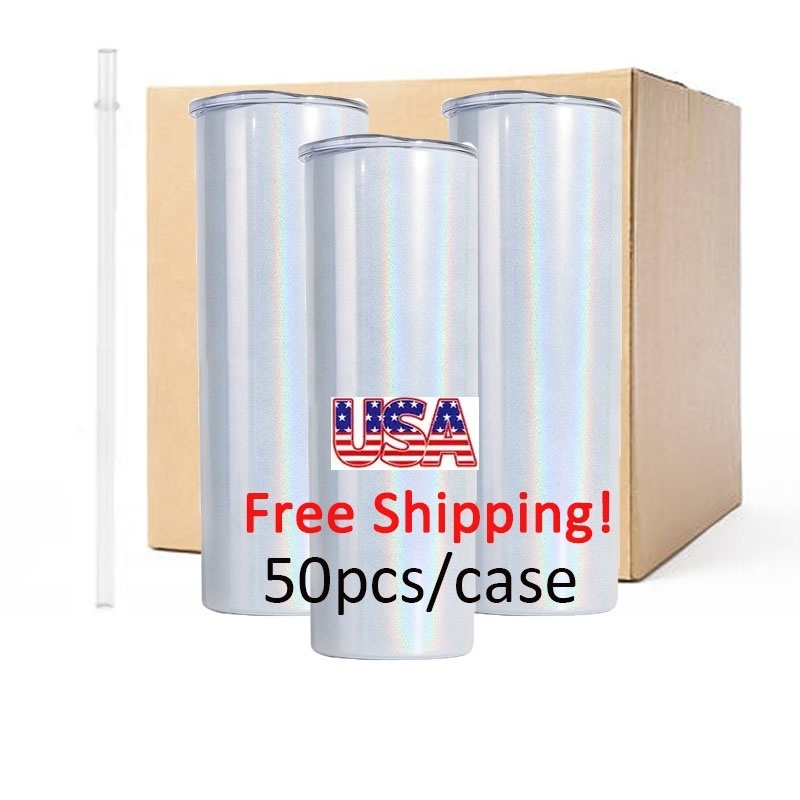 US RTS 20oz skinny straight sublimation tumbler straight flat edge blank glitter sublimation tumbler 20oz with lid and straw