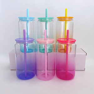 US warehouse 16oz blank sublimation ombre jelly glass can with PP plastic lid and straw Clear Ombre Colored high borosilicate