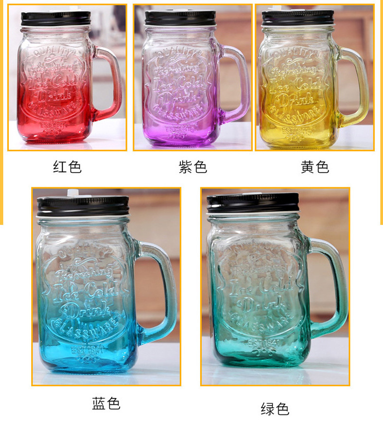 New style large capacity transparent 500ml frosted clear glass mason jar cup water bottle cup juice drink with handle