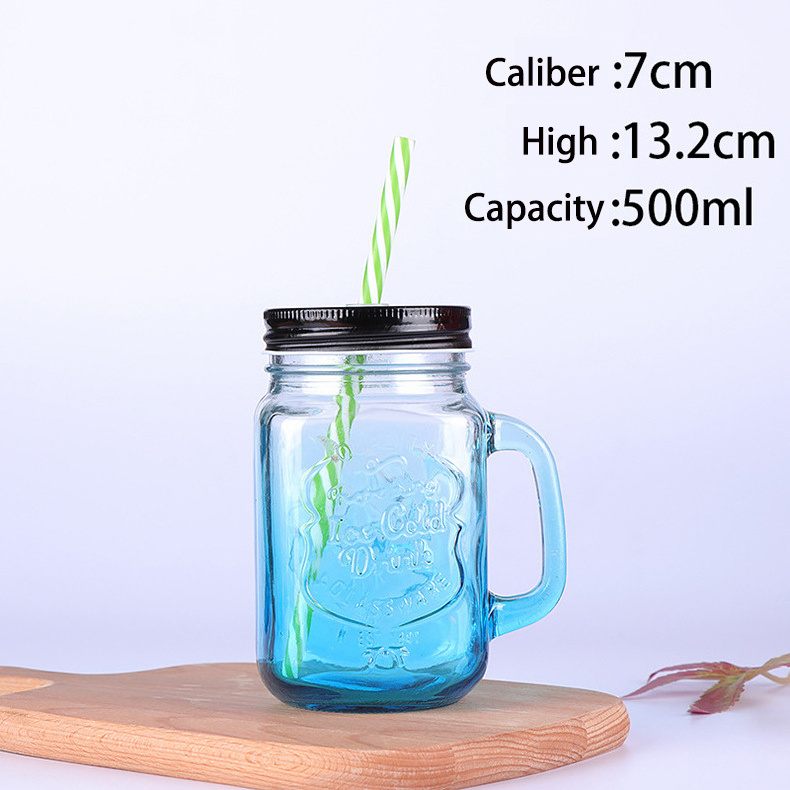 New style large capacity transparent 500ml frosted clear glass mason jar cup water bottle cup juice drink with handle